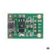 Kompaktes 5-V-Boost-Modul mit Platinenansicht und Anschlussflaechen