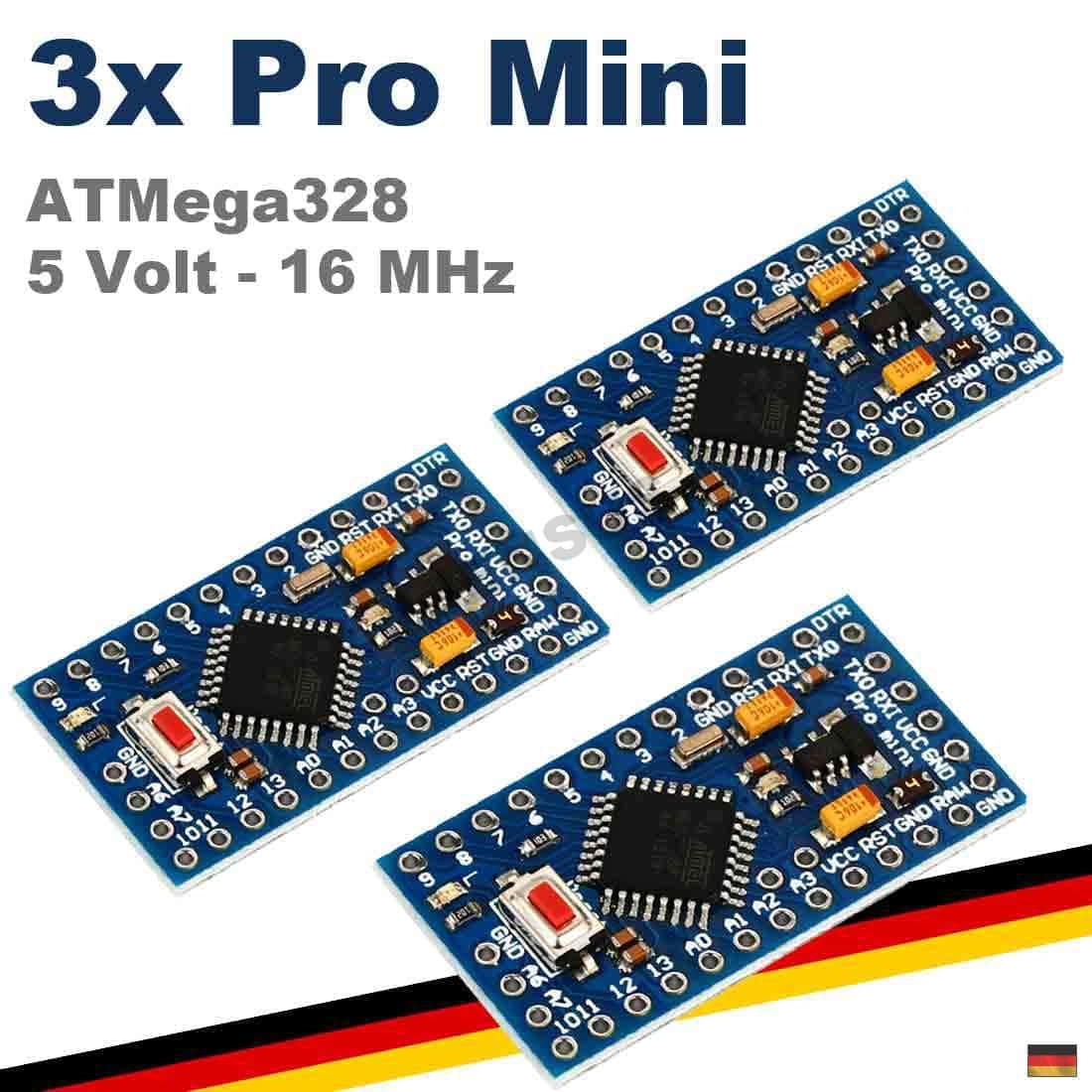 Atmel 3x Pro Mini ATMega328 16 MHz – 5 Volt Board kompatibel zu Arduino, product image from Makershop