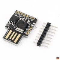 ATtiny85 Digispark Board von oben mit sechs beschrifteten I/O-Pins