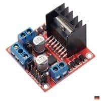 L298N Motor-Driver-Board mit Eingangspins und Motorausgaengen