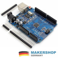ATmega328P-Controllerboard von oben mit digitalen und analogen Pinleisten