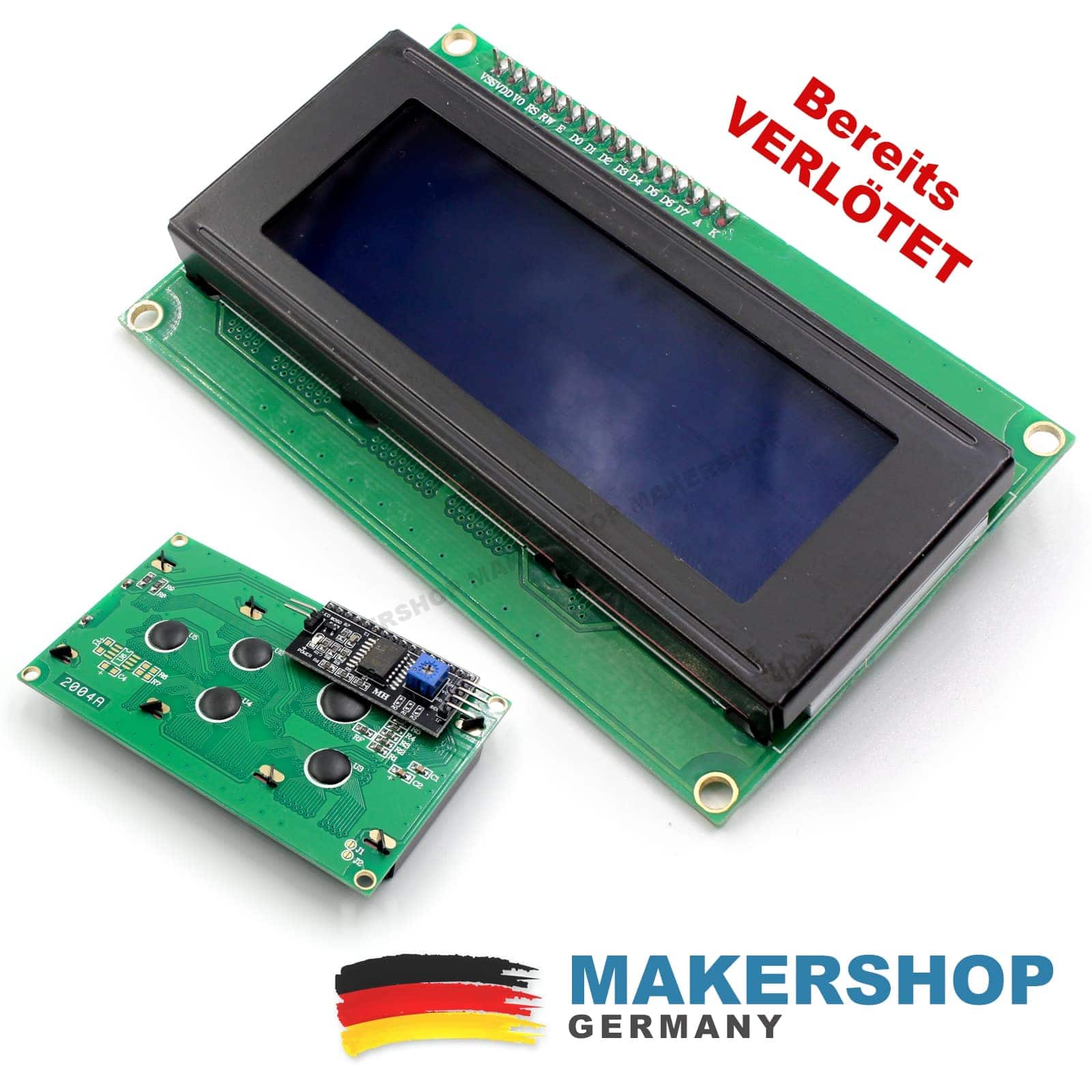 LCD2004 Display + Controller – VERLÖTET I2C Modul Arduino Uno Blau Raspberry Pi, product image from Makershop