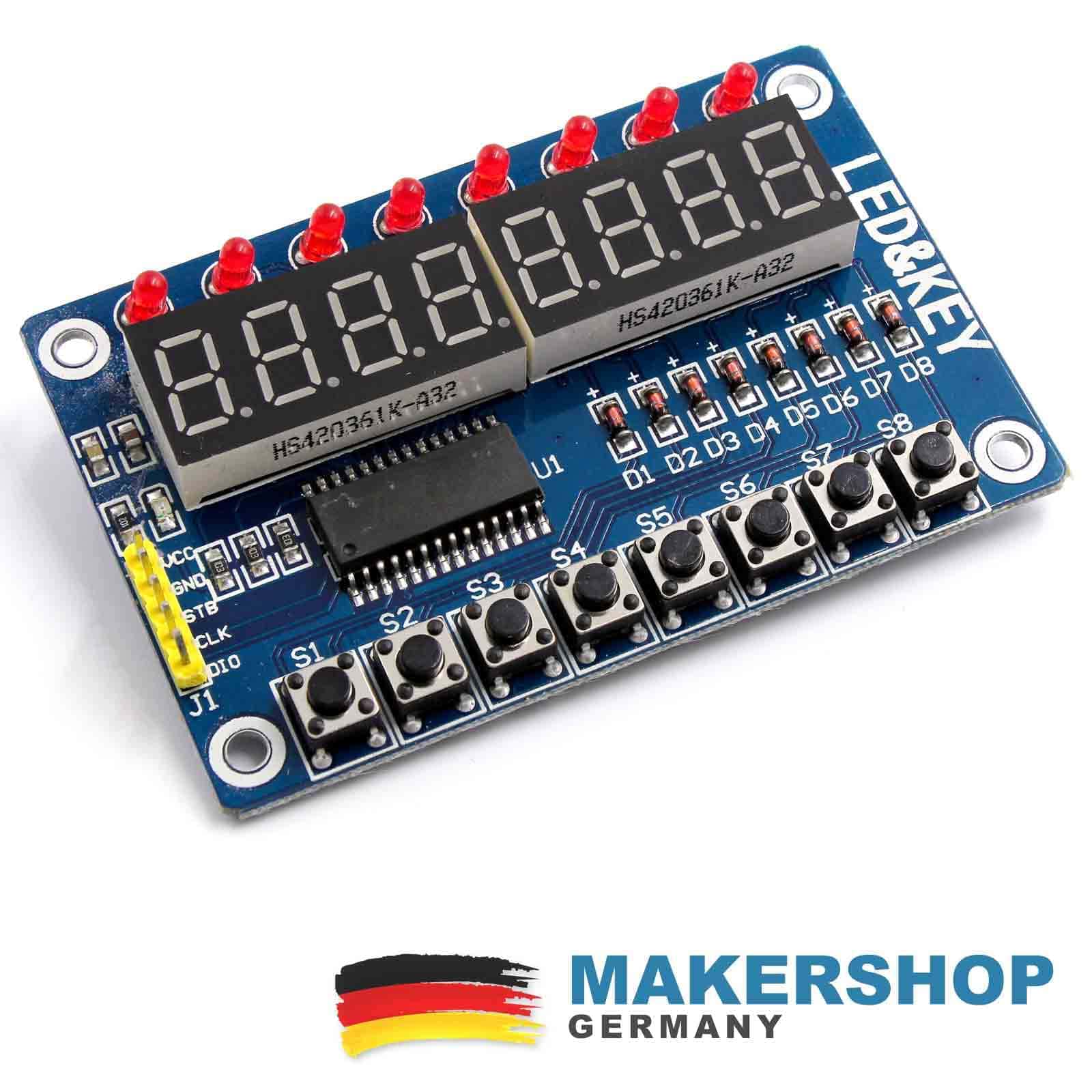 TM1638 LED KEY 8-fach 7-Segment Anzeige Taster LED Display Modul Arduino, product image from Makershop