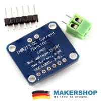 Rückseite des GY-INA219 Sensormoduls mit beschrifteten I²C- und Messanschlüssen
