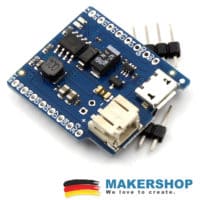 LOLIN Battery Shield V1.3.0 für Wemos D1 Mini in schräger Ansicht mit Lade- und Akkuanschluss