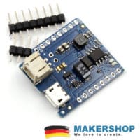 Original LOLIN Battery Shield V1.3.0 von oben mit Akkuanschluss, Micro-USB und D1-Mini-Steckleisten