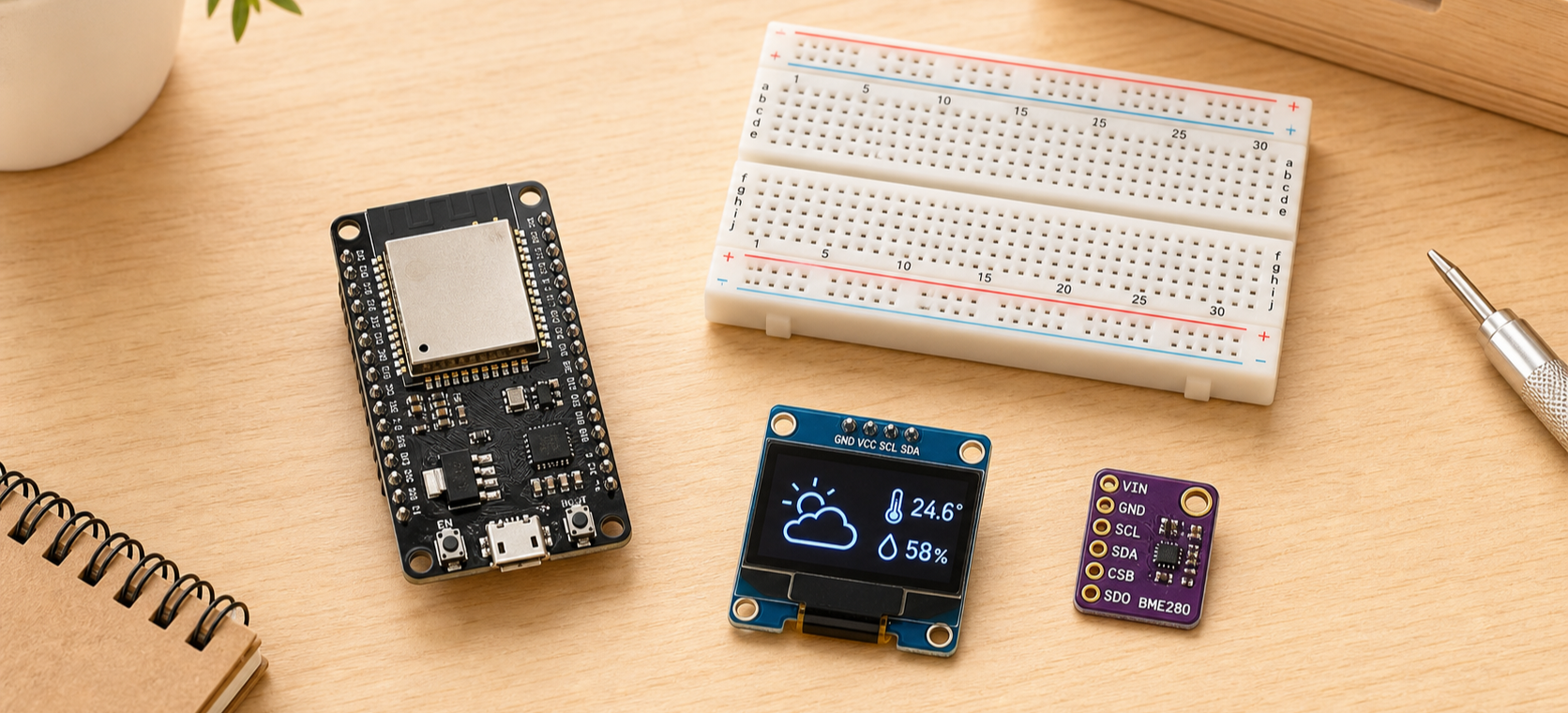 ESP32 Wetterstation mit OLED Display, BME280 Sensor und Breadboard
