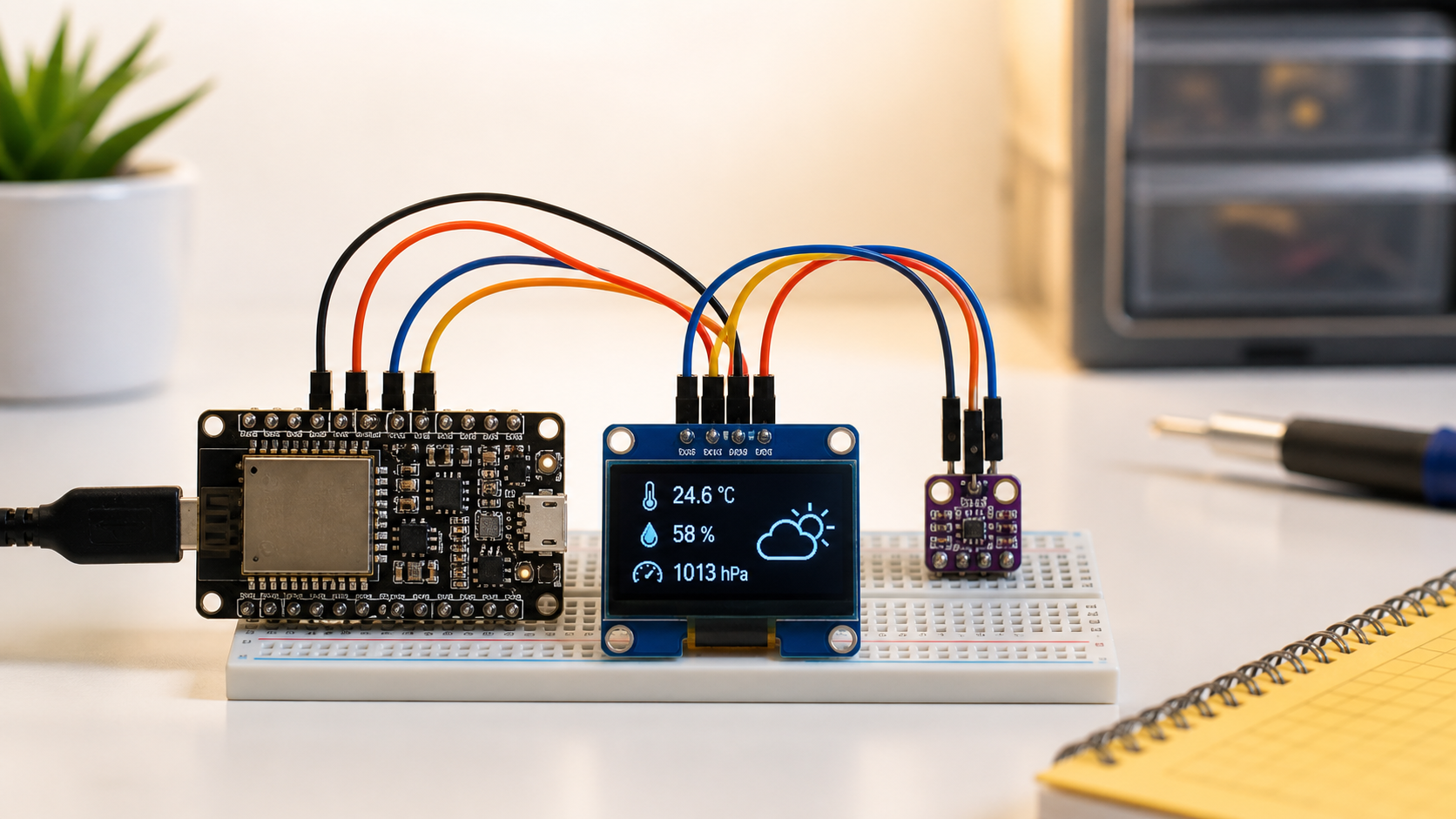 ESP32 Wetterstation mit OLED Display und BME280 Sensor auf Breadboard